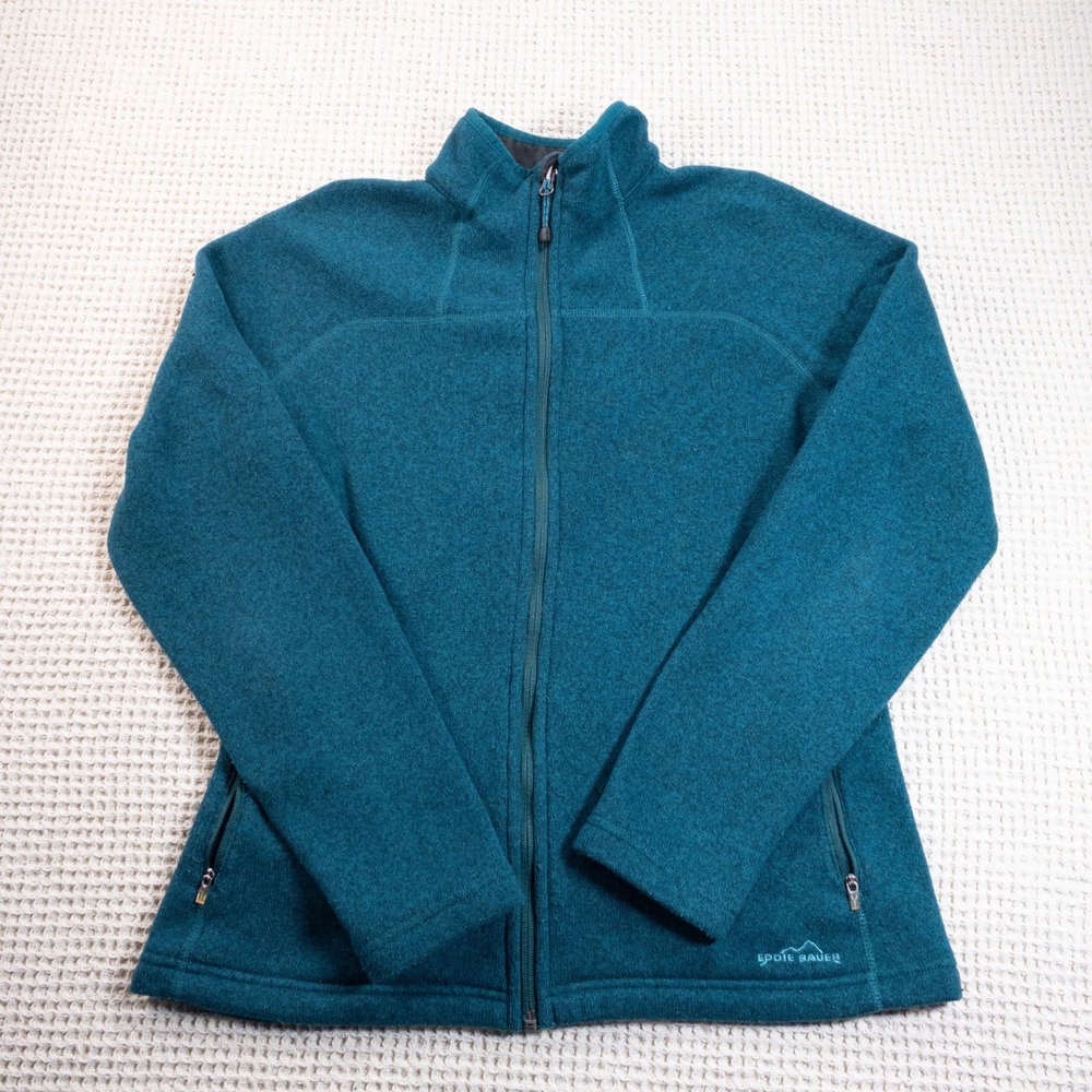 Eddie Bauer Womens Teal Heather Full Zip Sweater Fleece Jacket Mock Neck Large